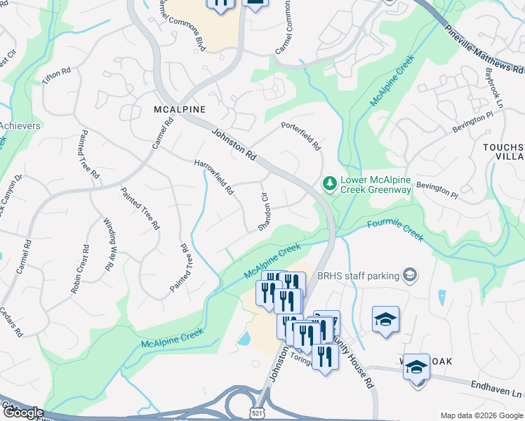 map of restaurants, bars, coffee shops, grocery stores, and more near 11701 Harrowfield Road in Charlotte