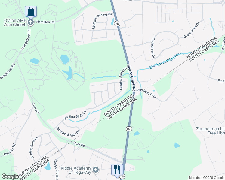 map of restaurants, bars, coffee shops, grocery stores, and more near 16515 Falconry Way in Charlotte