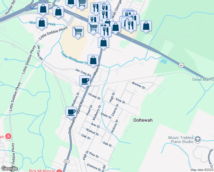 map of restaurants, bars, coffee shops, grocery stores, and more near 9460 Factory Street in Ooltewah