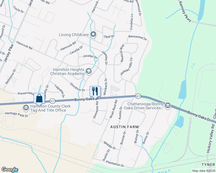 map of restaurants, bars, coffee shops, grocery stores, and more near 6375 Bonny Oaks Drive in Chattanooga