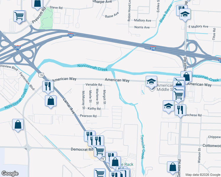 map of restaurants, bars, coffee shops, grocery stores, and more near 3655 American Way in Memphis