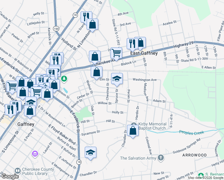 map of restaurants, bars, coffee shops, grocery stores, and more near 304 Magnolia St in Gaffney