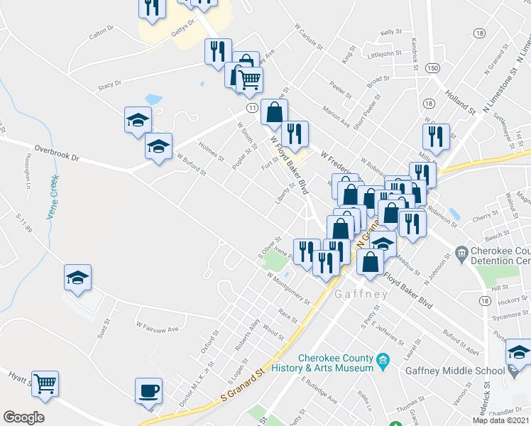 map of restaurants, bars, coffee shops, grocery stores, and more near 602 West Buford Street in Gaffney