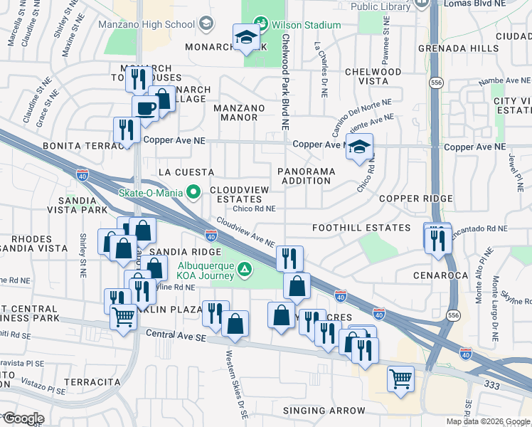 map of restaurants, bars, coffee shops, grocery stores, and more near 12604 Chico Road Northeast in Albuquerque