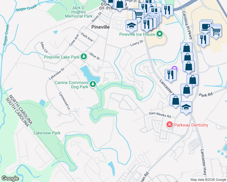 map of restaurants, bars, coffee shops, grocery stores, and more near 10616 Stoneacre Court in Pineville
