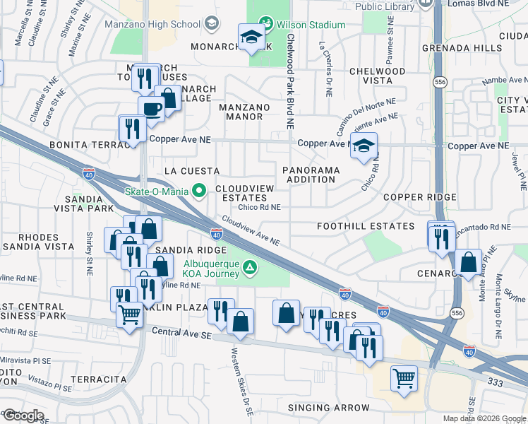 map of restaurants, bars, coffee shops, grocery stores, and more near 12604 Chico Road Northeast in Albuquerque