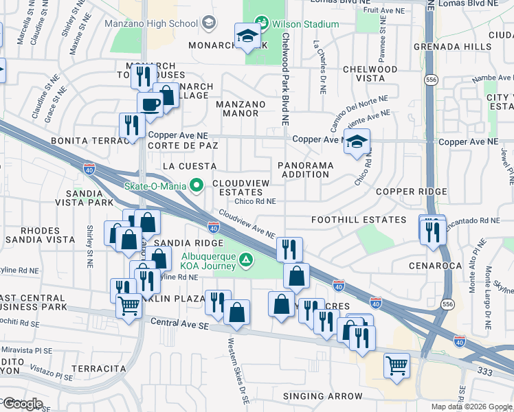 map of restaurants, bars, coffee shops, grocery stores, and more near 12604 Chico Road Northeast in Albuquerque