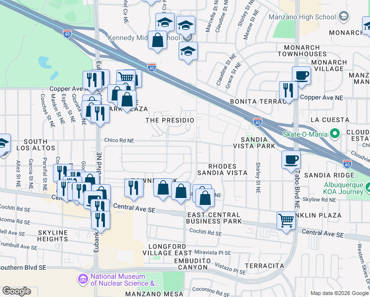map of restaurants, bars, coffee shops, grocery stores, and more near 10917 Clyburn Park Drive Northeast in Albuquerque
