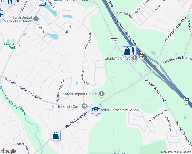 map of restaurants, bars, coffee shops, grocery stores, and more near 3610 Edgeview Drive in Indian Trail