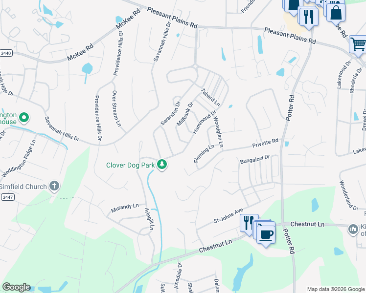 map of restaurants, bars, coffee shops, grocery stores, and more near 1801 Hammond Drive in Stallings