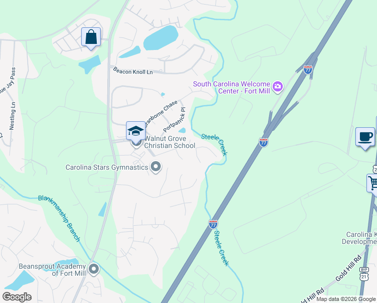map of restaurants, bars, coffee shops, grocery stores, and more near 318 South Downs Way in Fort Mill