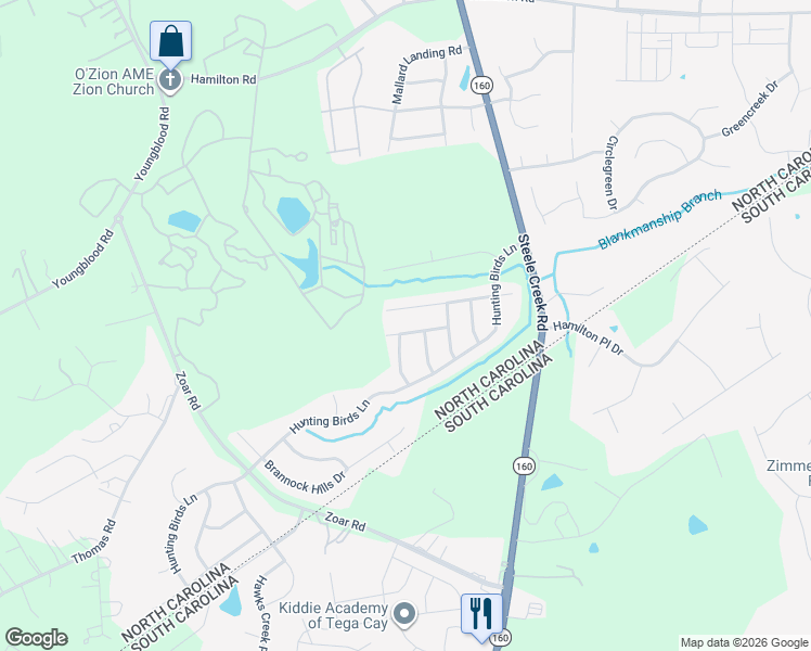 map of restaurants, bars, coffee shops, grocery stores, and more near 12428 Caracara Court in Charlotte