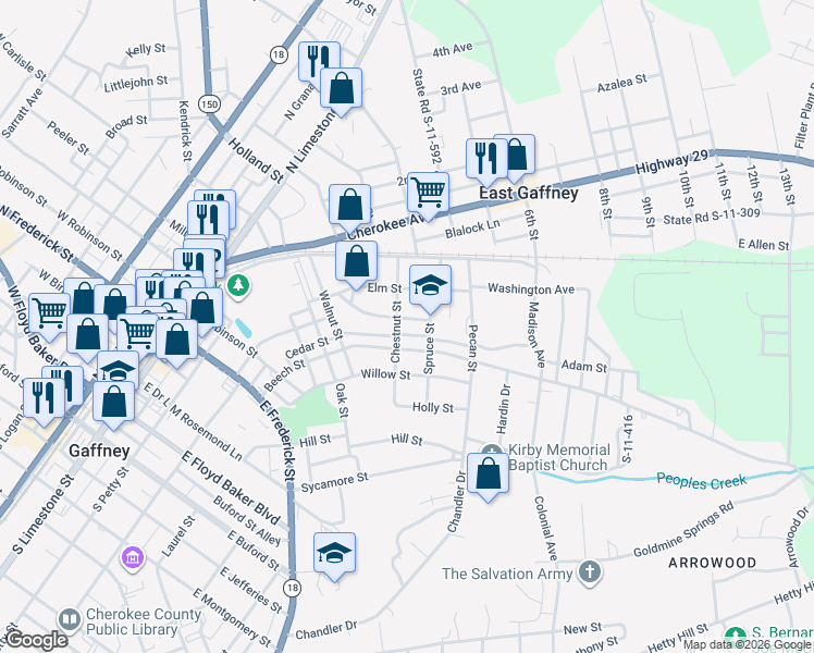 map of restaurants, bars, coffee shops, grocery stores, and more near 304 Magnolia Street in Gaffney