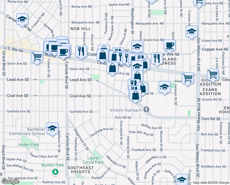 map of restaurants, bars, coffee shops, grocery stores, and more near 4208 Lead Avenue Southeast in Albuquerque
