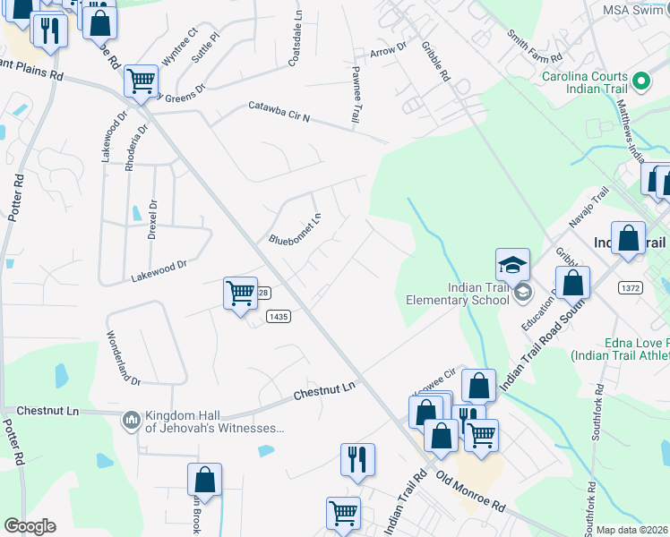 map of restaurants, bars, coffee shops, grocery stores, and more near 209 Bryson Road in Indian Trail