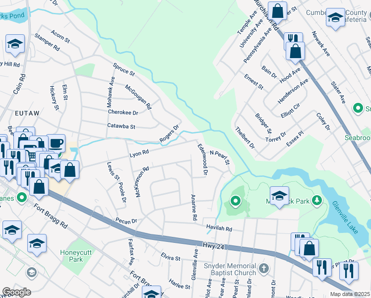 map of restaurants, bars, coffee shops, grocery stores, and more near 1603 Lyon Road in Fayetteville