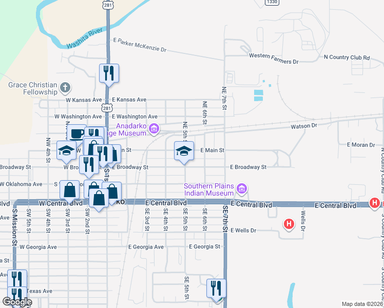 map of restaurants, bars, coffee shops, grocery stores, and more near 506 East Main Street in Anadarko