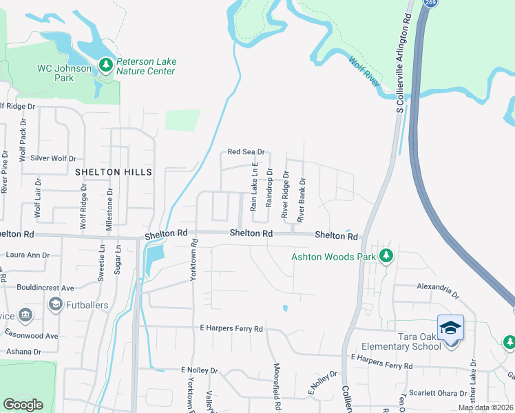 map of restaurants, bars, coffee shops, grocery stores, and more near 1323 Rain Lake Lane East in Collierville