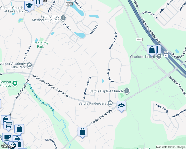 map of restaurants, bars, coffee shops, grocery stores, and more near 3605 Southern Ginger Drive in Indian Trail
