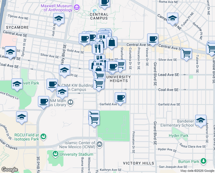 map of restaurants, bars, coffee shops, grocery stores, and more near 320 Harvard Drive Southeast in Albuquerque