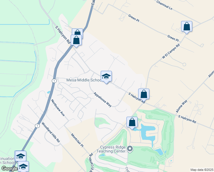 map of restaurants, bars, coffee shops, grocery stores, and more near 2555 South Halcyon Road in Arroyo Grande