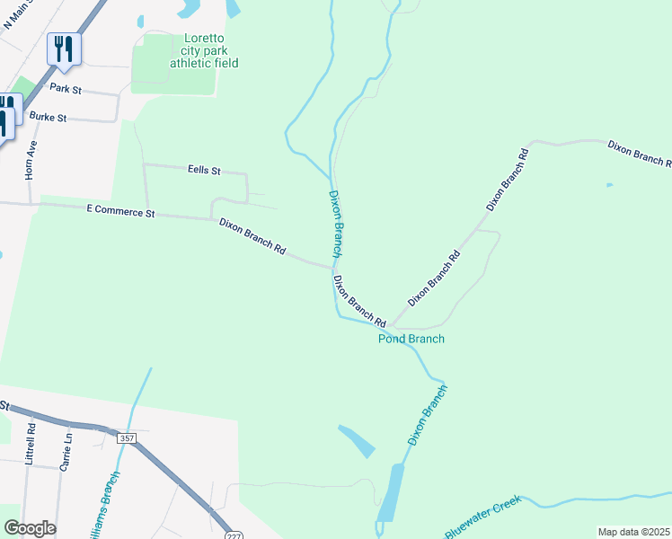 map of restaurants, bars, coffee shops, grocery stores, and more near Dixon Branch Road in Loretto