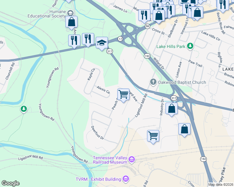 map of restaurants, bars, coffee shops, grocery stores, and more near 3916 Peach Street in Chattanooga