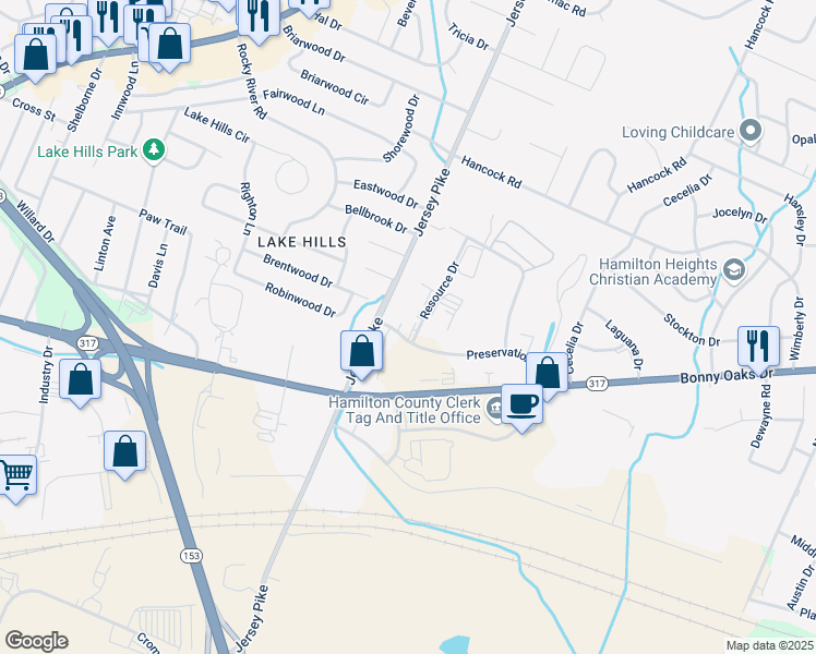map of restaurants, bars, coffee shops, grocery stores, and more near 6105 Preservation Drive in Chattanooga
