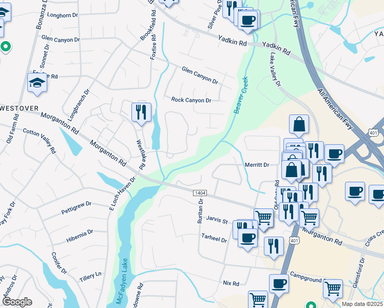 map of restaurants, bars, coffee shops, grocery stores, and more near 334 Waterdown Drive in Fayetteville