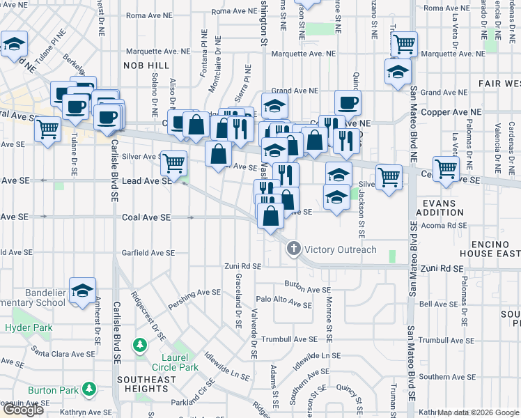 map of restaurants, bars, coffee shops, grocery stores, and more near 351 Washington Street in Albuquerque