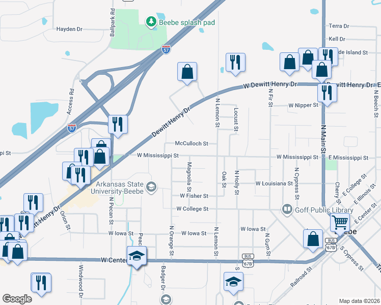 map of restaurants, bars, coffee shops, grocery stores, and more near 808 West Mississippi Street in Beebe