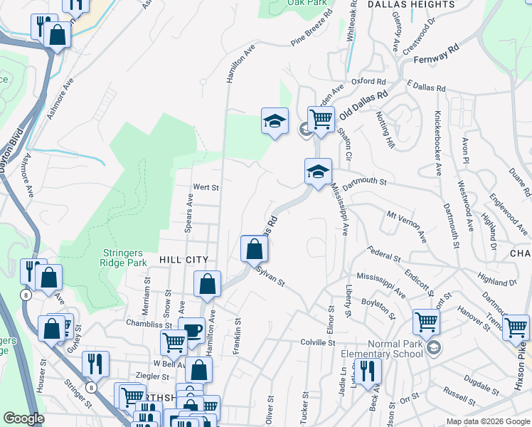 map of restaurants, bars, coffee shops, grocery stores, and more near Gatti Lane in Chattanooga