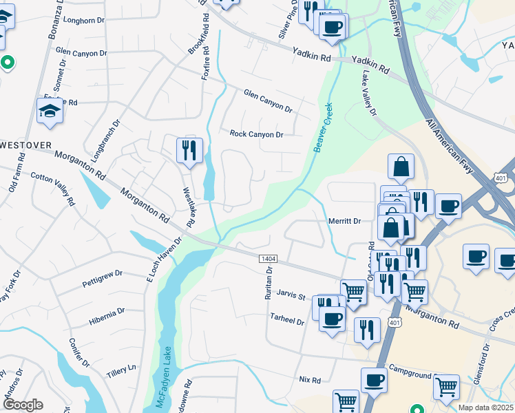 map of restaurants, bars, coffee shops, grocery stores, and more near 325 Waterdown Drive in Fayetteville