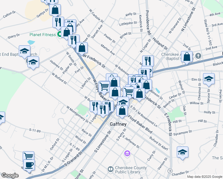 map of restaurants, bars, coffee shops, grocery stores, and more near 301 North Logan Street in Gaffney