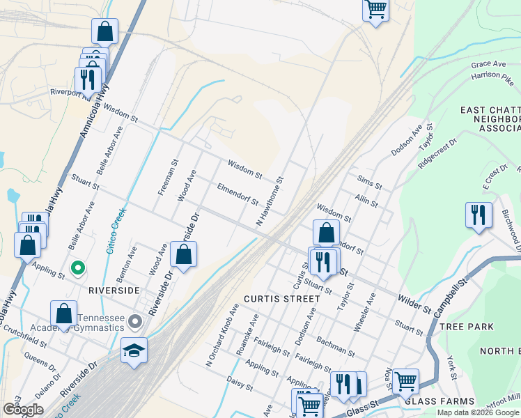 map of restaurants, bars, coffee shops, grocery stores, and more near 3119 North Hawthorne Street in Chattanooga