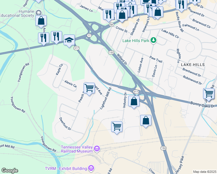 map of restaurants, bars, coffee shops, grocery stores, and more near 4434 Bonny Oaks Drive in Chattanooga