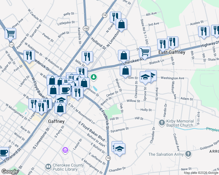 map of restaurants, bars, coffee shops, grocery stores, and more near 201 Cherry Street in Gaffney