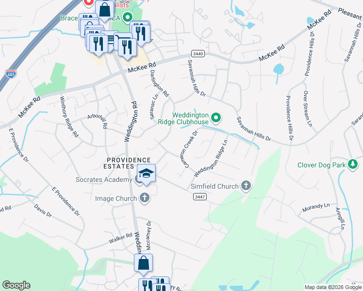map of restaurants, bars, coffee shops, grocery stores, and more near 3930 Cameron Creek Drive in Matthews