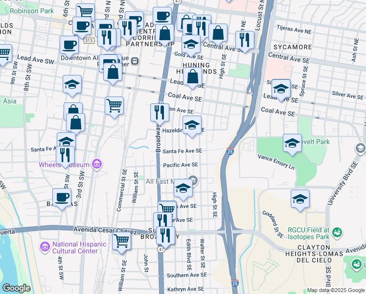 map of restaurants, bars, coffee shops, grocery stores, and more near 724 Arno Street Southeast in Albuquerque