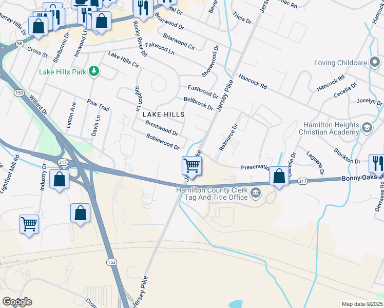 map of restaurants, bars, coffee shops, grocery stores, and more near 4501 Jersey Pike in Chattanooga