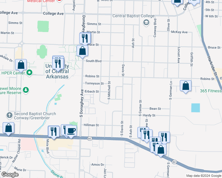 map of restaurants, bars, coffee shops, grocery stores, and more near 240 South Mitchell Street in Conway