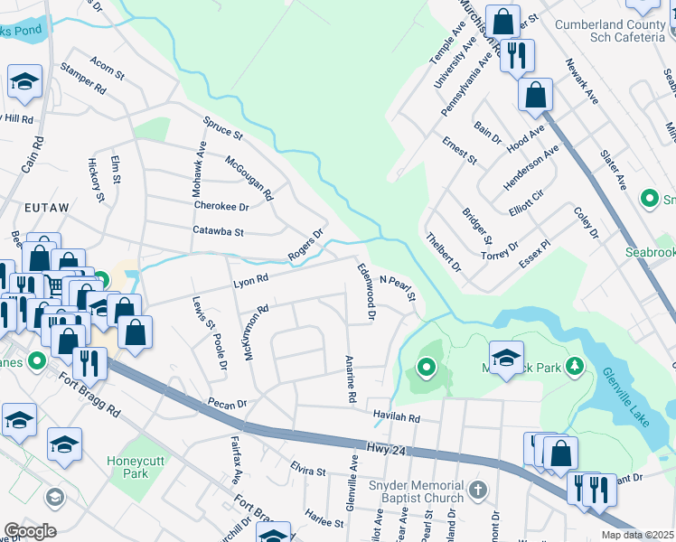 map of restaurants, bars, coffee shops, grocery stores, and more near 1603 Lyon Road in Fayetteville