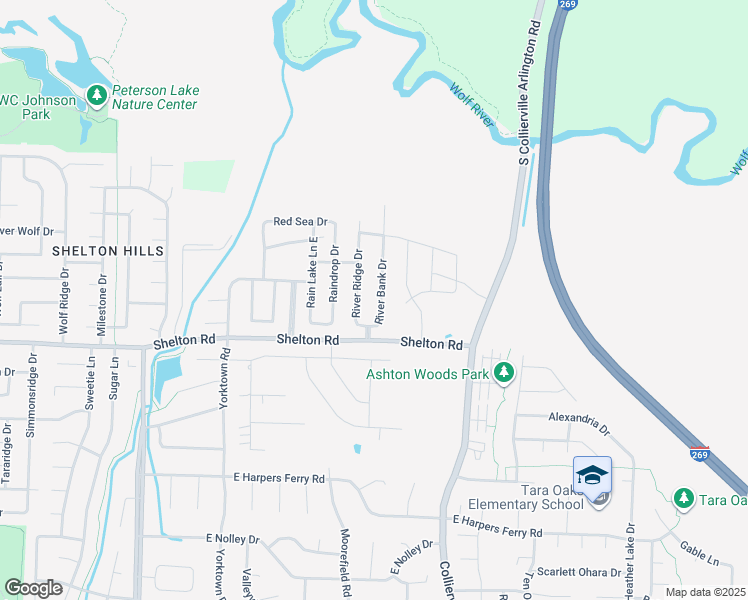 map of restaurants, bars, coffee shops, grocery stores, and more near 1313 River Bank Drive in Collierville