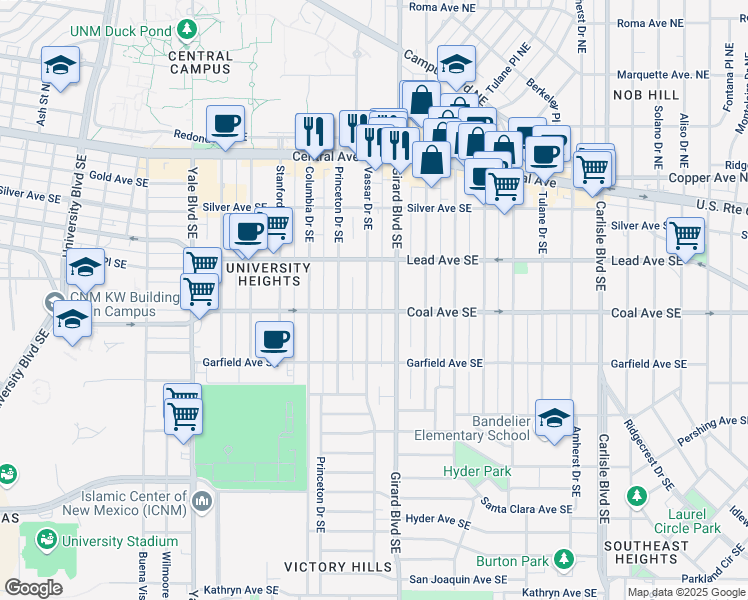 map of restaurants, bars, coffee shops, grocery stores, and more near 320 Vassar Drive Southeast in Albuquerque