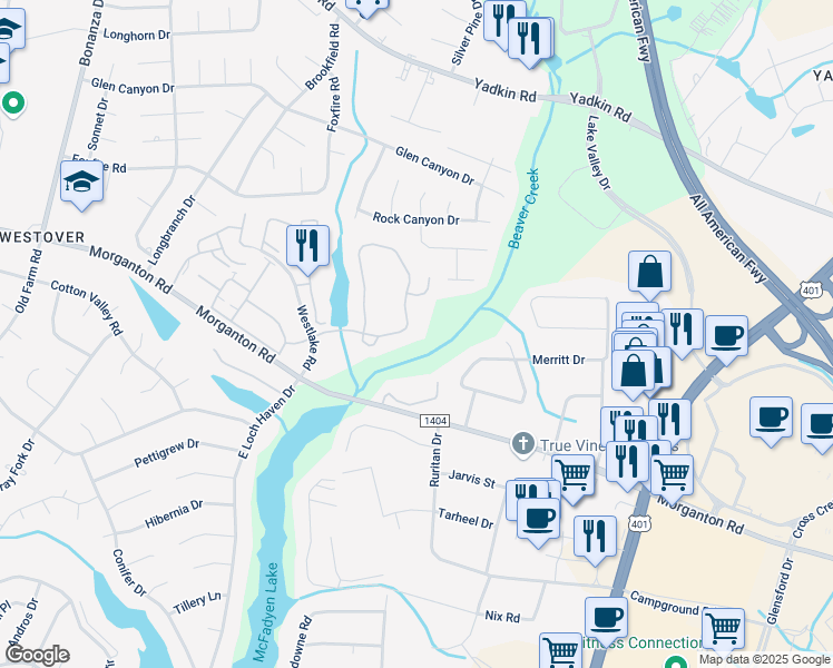 map of restaurants, bars, coffee shops, grocery stores, and more near 325 Waterdown Drive in Fayetteville