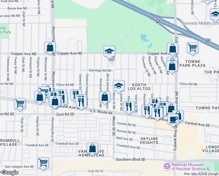 map of restaurants, bars, coffee shops, grocery stores, and more near 232 General Somervell Street Northeast in Albuquerque
