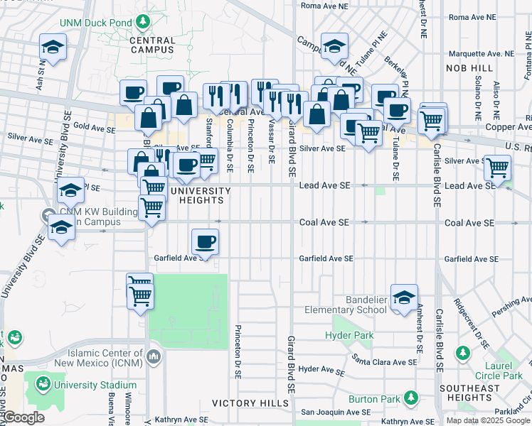 map of restaurants, bars, coffee shops, grocery stores, and more near 318 Princeton Drive Southeast in Albuquerque