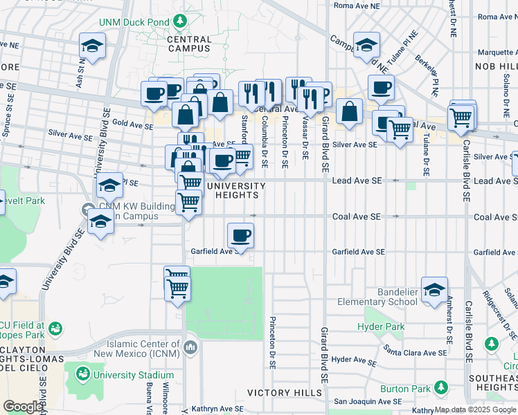 map of restaurants, bars, coffee shops, grocery stores, and more near 318 Columbia Drive Southeast in Albuquerque