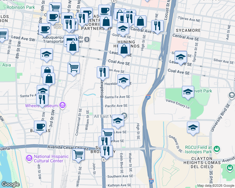 map of restaurants, bars, coffee shops, grocery stores, and more near 724 Arno Street Southeast in Albuquerque