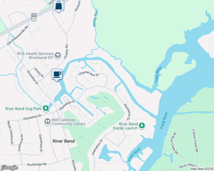 map of restaurants, bars, coffee shops, grocery stores, and more near 102 Channel Run Drive in New Bern